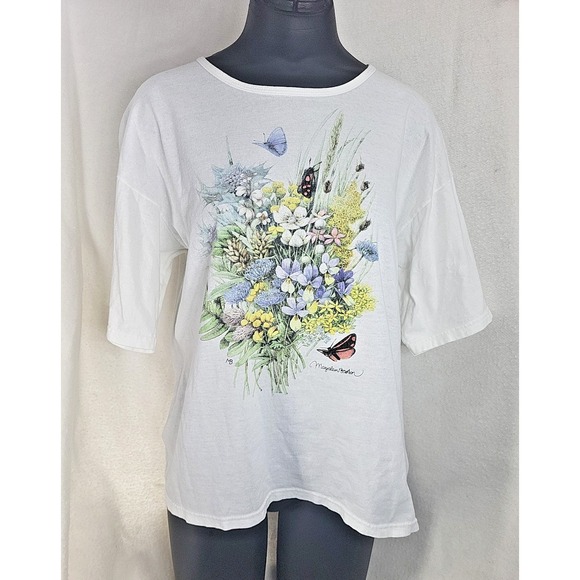 Vintage 90s Marjolein Bastin Butterfly Flower Shirt Women's XL Anvil Cottage - Picture 1 of 13